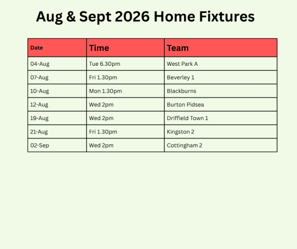 Aug & Sept 26 Home Fixtures